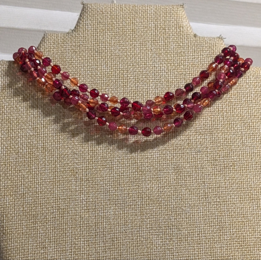 Multi-Strand Cranberry Red & Orange Faceted Bead Layered Choker Necklace
